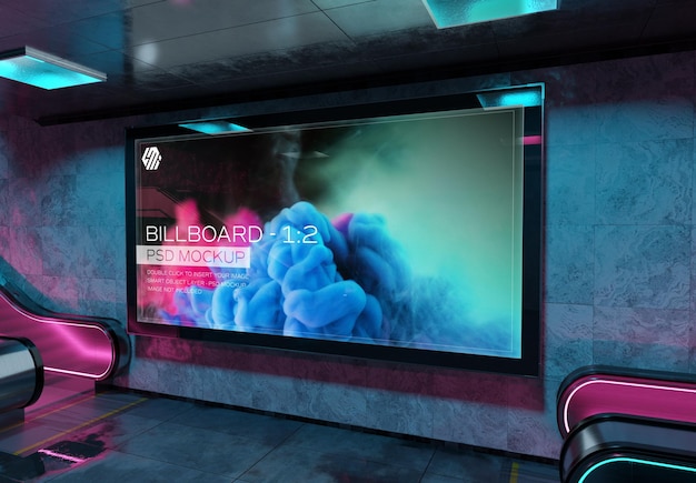 Panoramic billboard in futuristic underground station Mockup