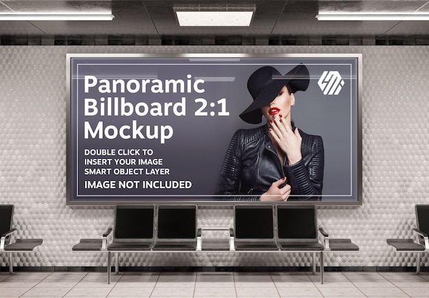 PSD panoramic billboard mockup on underground station