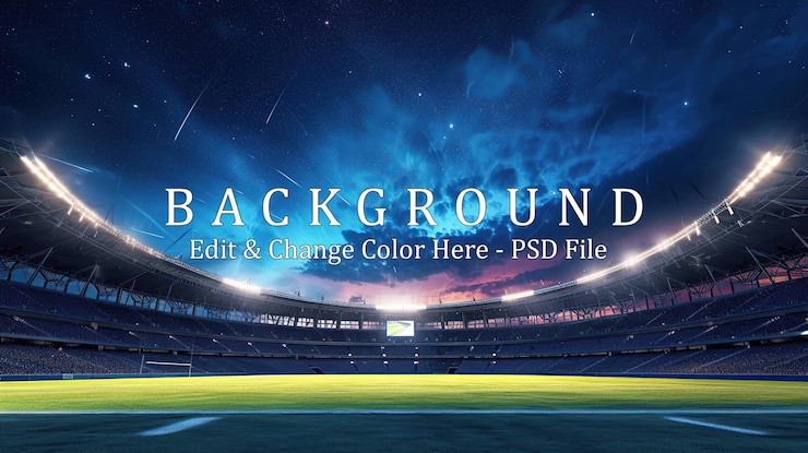PSD ライト付きの夜のフットボールスタジアムのパノラマ景色