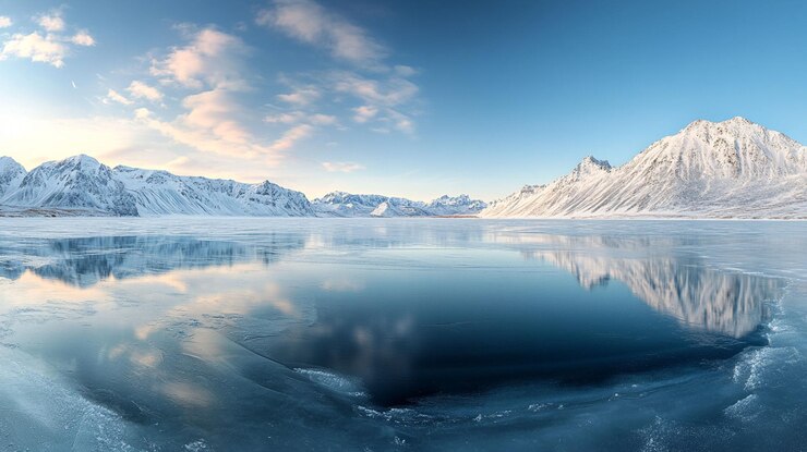 PSD panoramic view of serene frozen lake reflecting snowcapped mountains under a vibrant sky