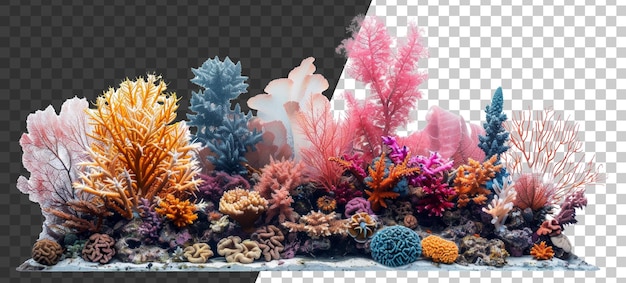 PSD panoramic view of vibrant colorful coral reef biodiversity on transparent background stock png