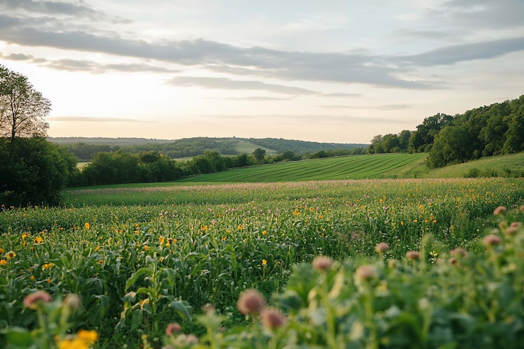 PSD panoramic view of a vibrant flower field at sunset stretching across rolling hills