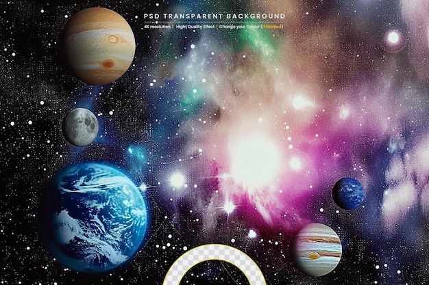 PSD panoramiczna scena kosmiczna z planetami, gwiazdami i galaktykami na przezroczystym tle