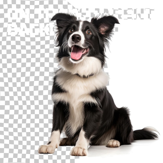 PSD panting young black and transparent border collie sitting and looking up one year old isolated on transparent