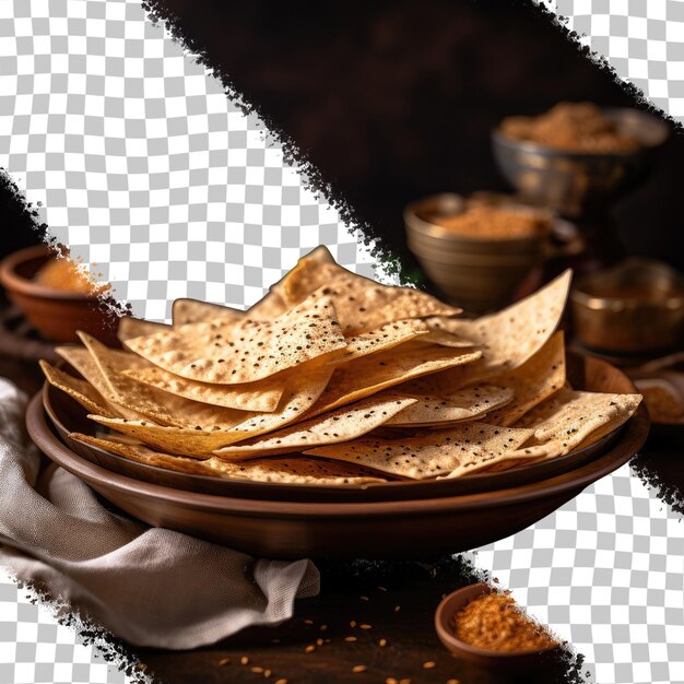 Пападум - это тонкая индийская закуска в форме диска, изготовленная из приправленного теста из черной граммовой муки, жареной или приготовленной с сухим теплом на прозрачном фоне.