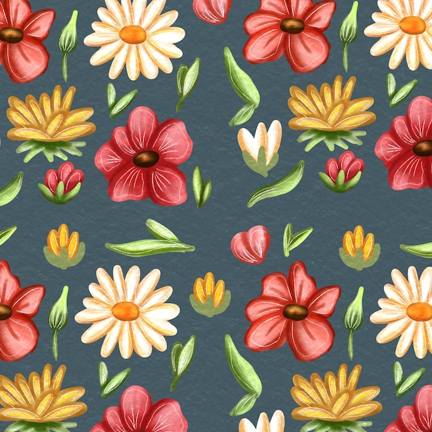 Papatya illüstrasyonu, sarı kırmızı çiçekler ve düşen yaprak öğeleriyle floral design deseni
