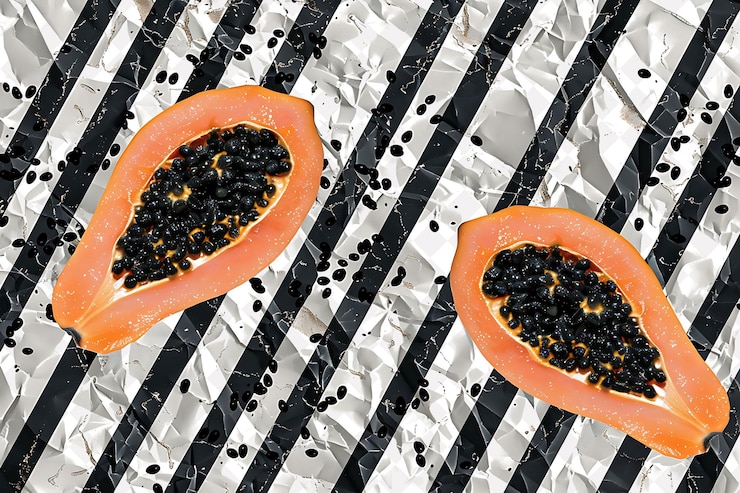 PSD papaya seeds with crumpled paper and broken eggshells silhou creative texture background designs
