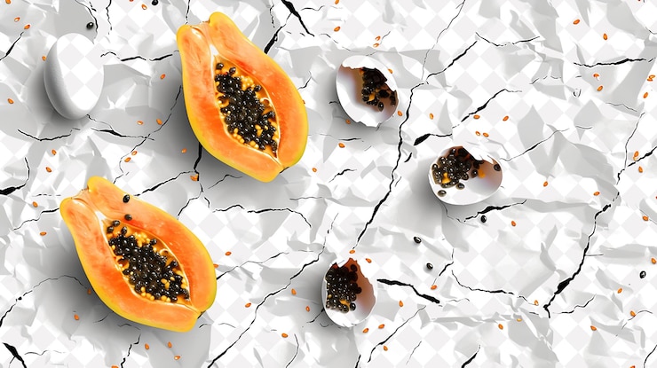 PSD papaya seeds with crumpled paper and broken eggshells silhou creative texture background designs