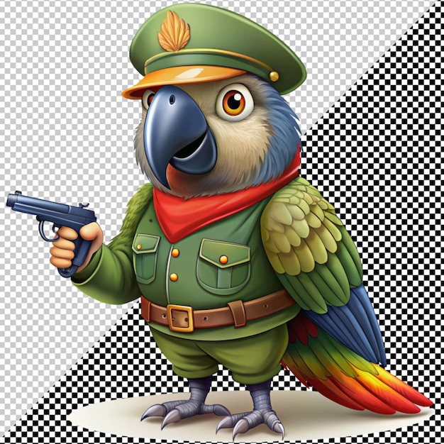 PSD papegaai in militaire kleding met een pistool.