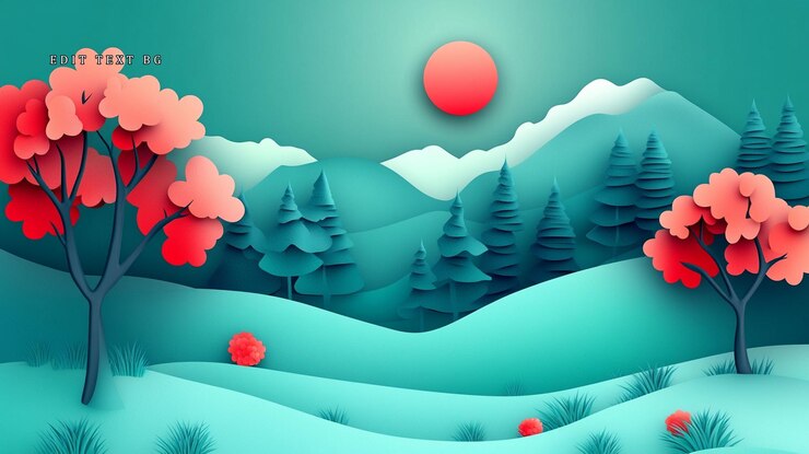 PSD 紅樹林,山脈和日落的紙畫風景