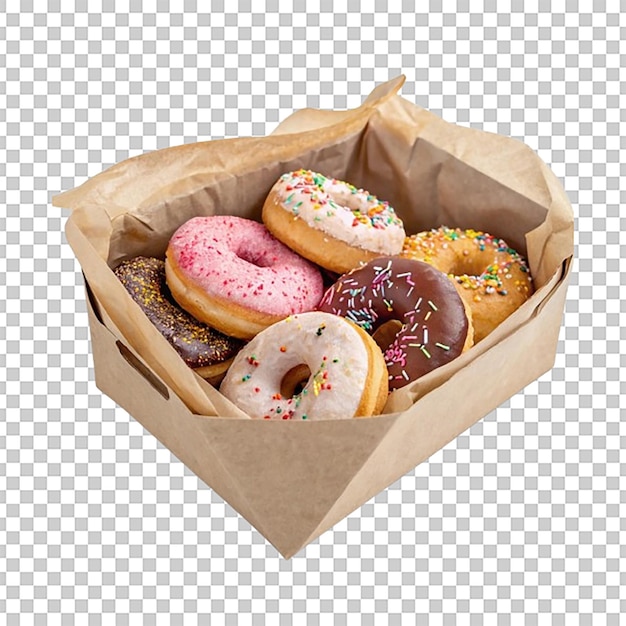 Paper Bag Filled with Assorted Donuts Topped with Glaze and Sprinkles