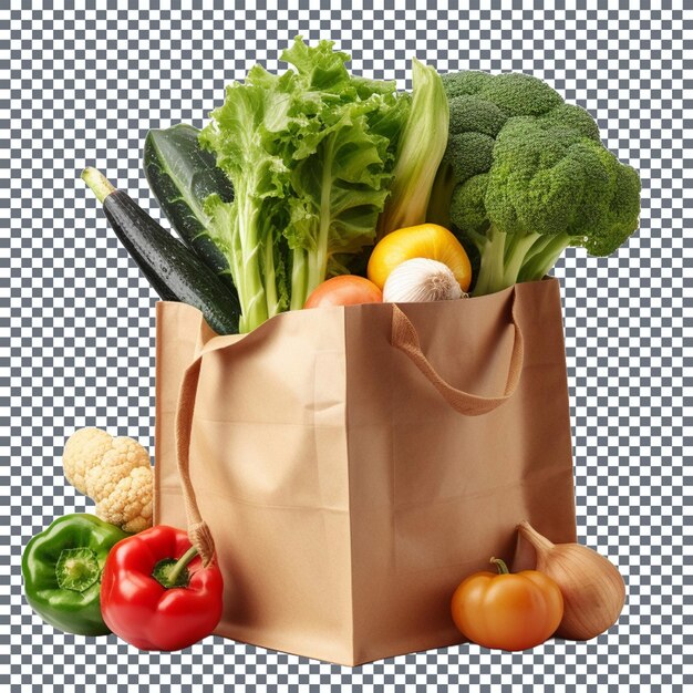 Paper bag full of fresh vegetables and fruits isolated on transparent background