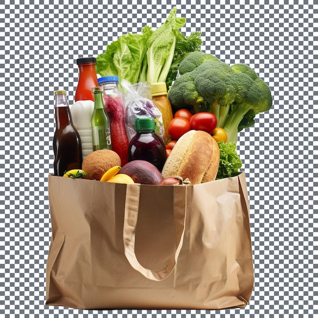 PSD paper bag full of fresh vegetables and fruits isolated on a transparent background