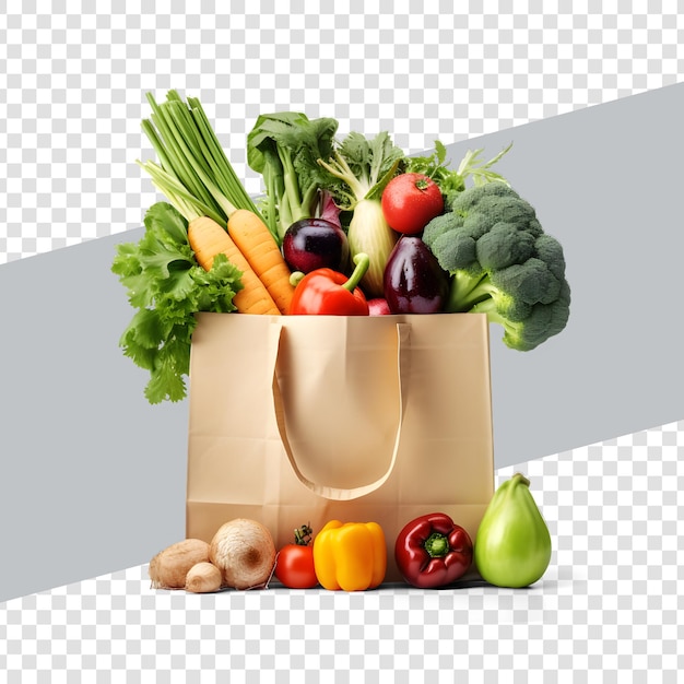 Una borsa di carta piena di cibo vegetale crudo sano dal mercato isolato su sfondo bianco