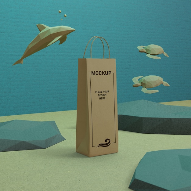 PSD paper bag and sea life underwater with mock-up