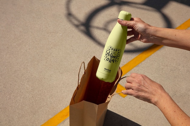 PSD paper bag with bottle mockup