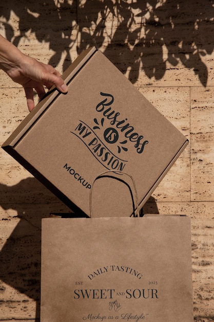 PSD paper bag with box mockup