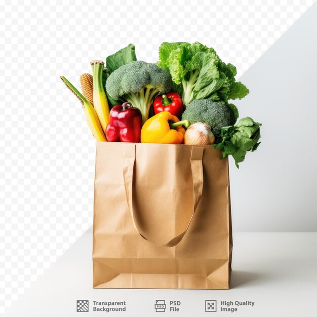 Un sacchetto di carta con verdure e frutta e verdura.