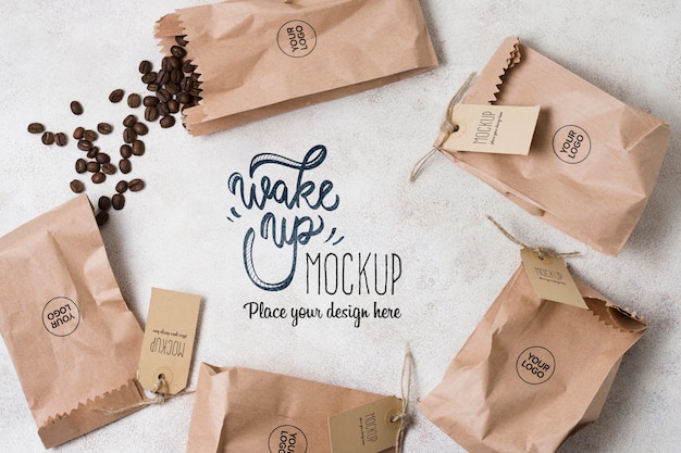 PSD paper bags filled with coffee beans mock-up