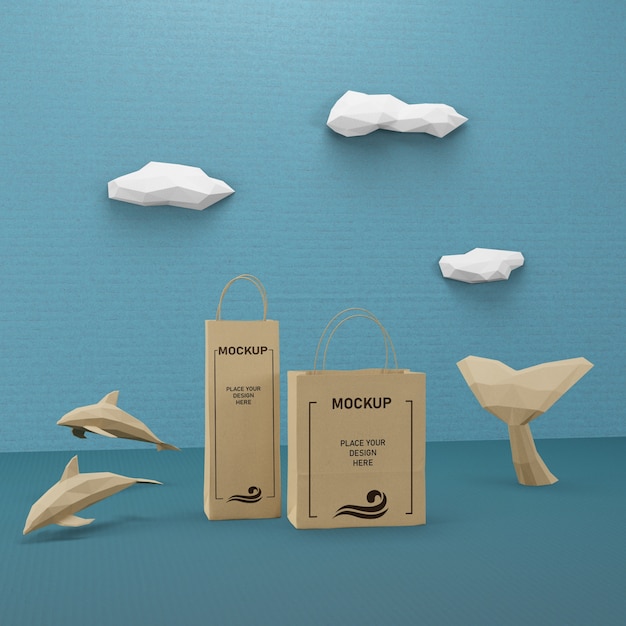 paper bags and sea life concept with mock-up