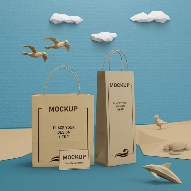 PSD paper bags and sea life with mock-up concept