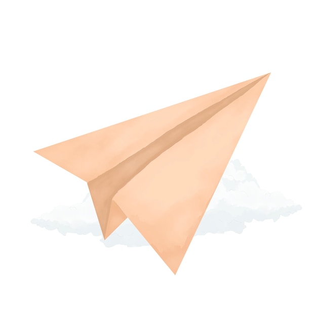 Paper beige and brown airplane flying in the sky with fluffy white clouds watercolor illustration