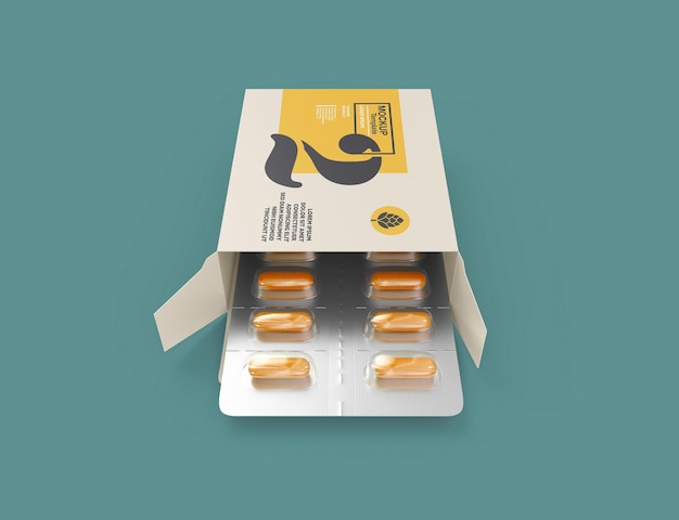 PSD scatola di carta con modelli di pillole