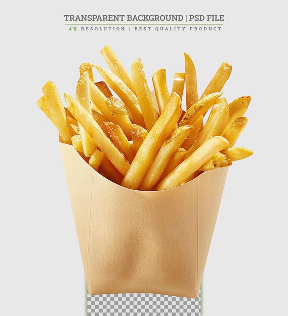 Paper box with tasty french fries on white background