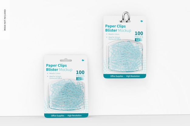 Paper clips blisters mockup, hanging and leaned