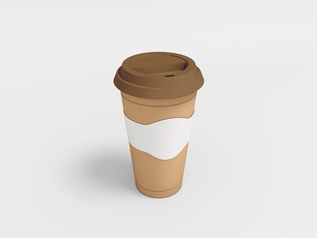 a paper coffee cup with a brown lid and a white and brown paper wrapper