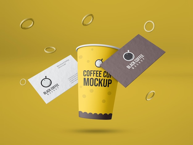 Tazza da caffè di carta con mockup di biglietti da visita