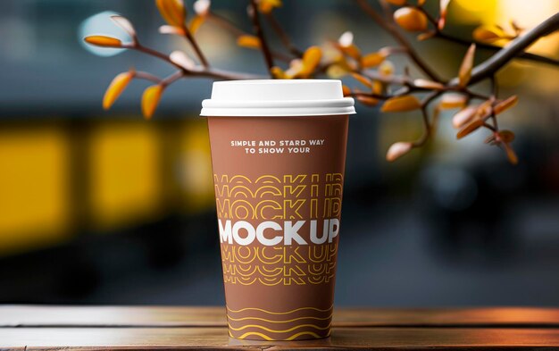 PSD paper cup mockup op houten tafel met natuur achtergrond