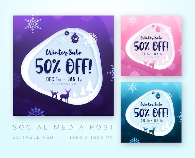 Paper cut winter christmas sale voor sociale mediasjabloon