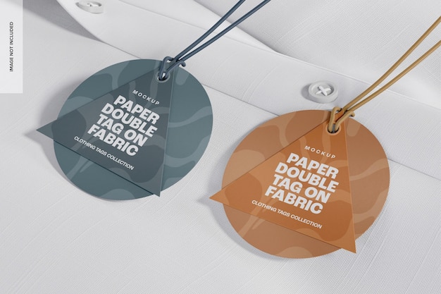 PSD paper double tags on fabric mockup, perspective