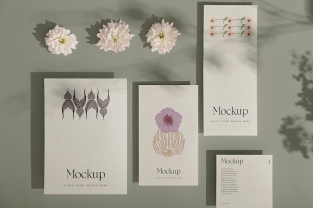 PSD paper elements mockup with flower shadow