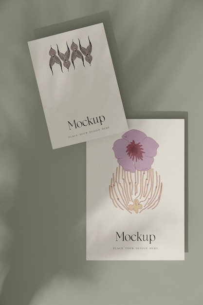 PSD paper elements mockup with flower shadow