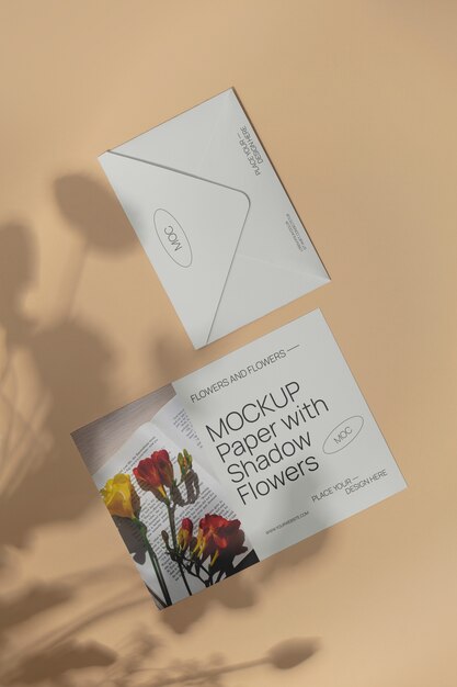 PSD paper elements mockup with flower shadow