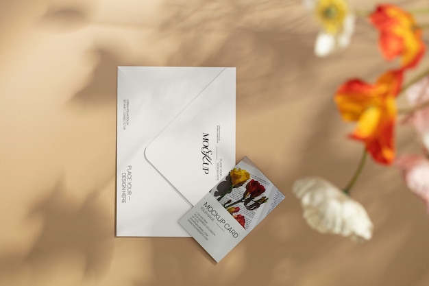 Mockup di elementi di carta con ombra di fiori