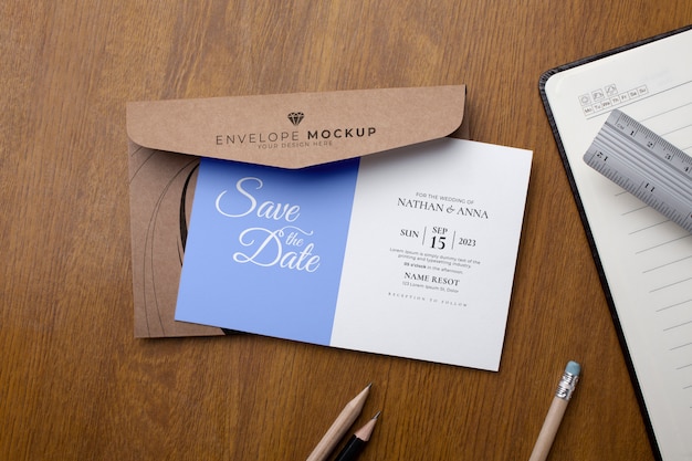 Mock-up di busta di carta con cancelleria