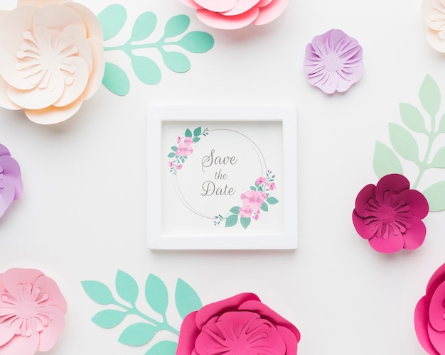 PSD paper flowes with wedding frame mock-up