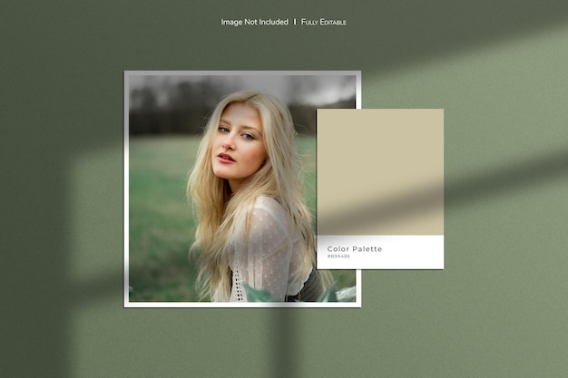 シャドウオーバーレイとカラーパレットを備えたペーパーフレーム写真とムードボードシーンクリエーターのモックアップ