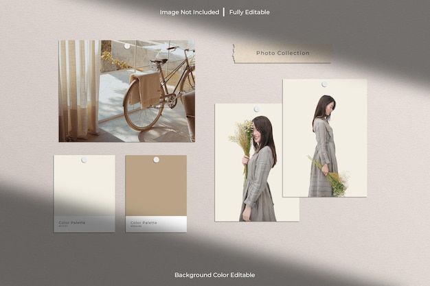 PSD paper frame photo and mood board scene creator mockup with shadow overlay and color palette