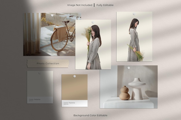 Mockup di creatore di scene con cornice di carta e mood board con sovrapposizione di ombre e tavolozza di colori