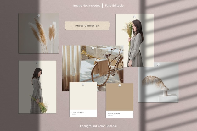 PSD mockup di creatore di scene con cornice di carta e mood board con sovrapposizione di ombre e tavolozza di colori