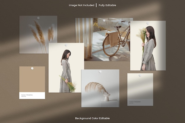 PSD paper frame photo and mood board scene creator mockup with shadow overlay and color palette
