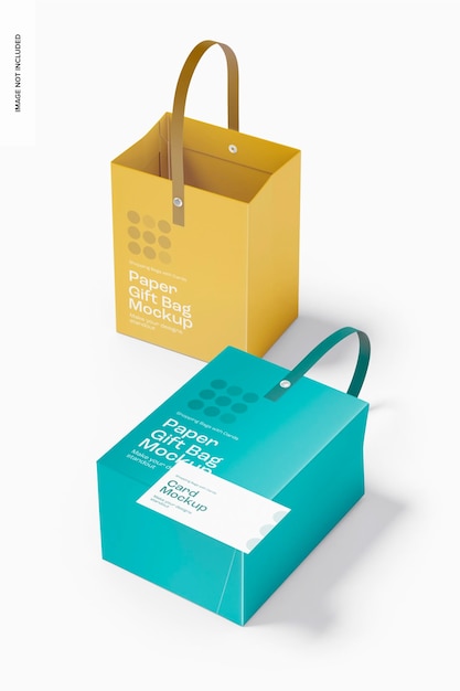 Paper gift bags with card mockup, high angle view