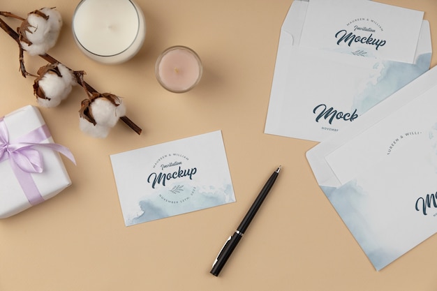 PSD paper invitation mock-up with watercolor design and cotton