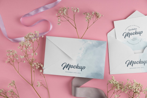 PSD mock-up di invito di carta con disegno ad acquerello e fiori