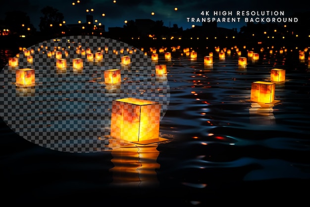 PSD paper lanterns float on dark water traditional floating on transparent background