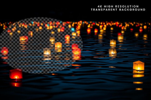 PSD paper lanterns float on dark water traditional floating on transparent background